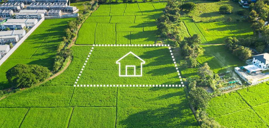 Land or landscape of green field in aerial view and home or house icon.