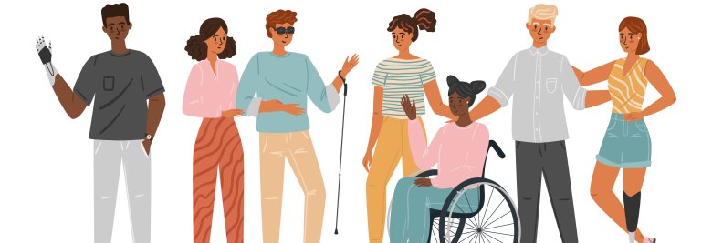 Volunteers helping people with disabilities. Diversity cocenpt vector illustration. Group of people with special needs, wheelchair, prosthesis